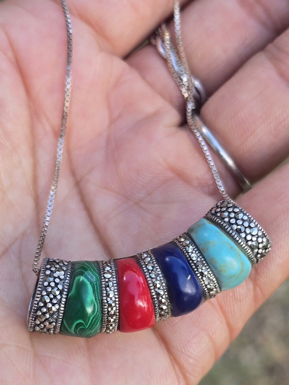 Vintage 925 sterling silver curved bar malachite, coral, lapis lazuli, turquoise